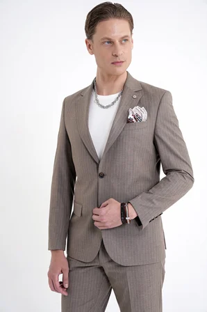 Slim Fit Mono Yaka Esnek Yünlü Bej Çizgili Takım Elbise Tk 942