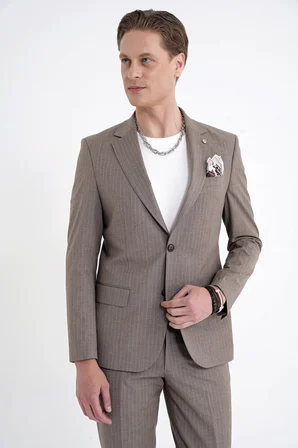 Slim Fit Mono Yaka Esnek Yünlü Bej Çizgili Takım Elbise Tk 942
