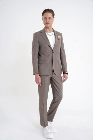 Slim Fit Mono Yaka Esnek Yünlü Bej Çizgili Takım Elbise Tk 942