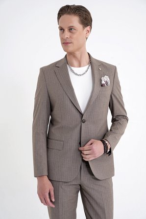 Slim Fit Mono Yaka Esnek Yünlü Bej Çizgili Takım Elbise Tk 942