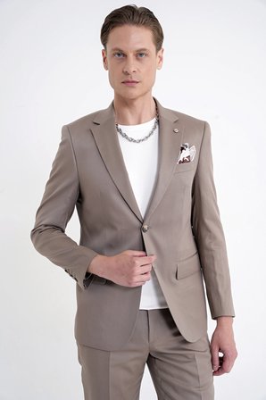 Slim Fit Mono Yaka %97 Tencel Kumaş Çift Yırtmaç Esnek Bej Takım Elbise TK 941