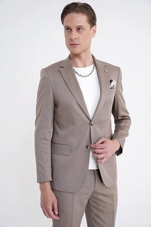 Slim Fit Mono Yaka %97 Tencel Kumaş Çift Yırtmaç Esnek Bej Takım Elbise TK 941