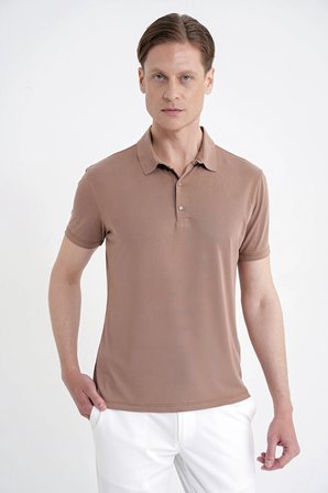 Slim Fit Modal Kumaş Vizon Çıtçıtlı Polo Yaka Tişört Ts 923