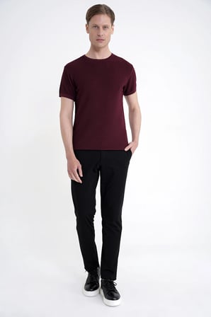 Comfort Fit Rayon Karışımlı Bordo Bisiklet Yaka Tişört TS 925 