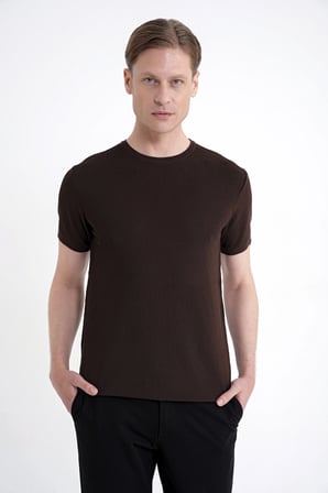 Comfort Fit Rayon Karışımlı Kahverengi Bisiklet Yaka Tişört TS 925 