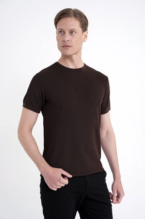 Comfort Fit Rayon Karışımlı Kahverengi Bisiklet Yaka Tişört TS 925 