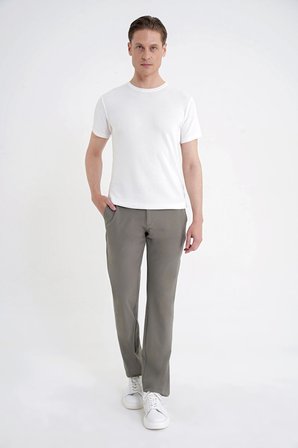 Comfort Fit Rayon Karışımlı Ekru Bisiklet Yaka Tişört TS 925 
