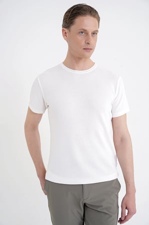 Comfort Fit Rayon Karışımlı Ekru Bisiklet Yaka Tişört TS 925 
