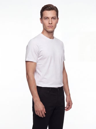Comfort Fit Pamuklu Modal Kumaş Bisiklet Yaka Ekru Tişört TS 924