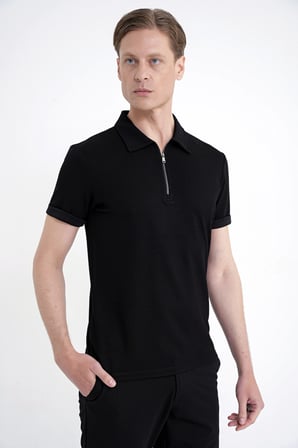 Slim Fit Esnek Pamuklu Fermuarlı Siyah Polo Yaka Tişört TS 926