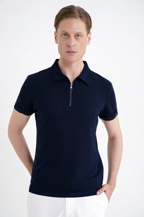 Slim Fit Esnek Pamuklu Fermuarlı Lacivert Polo Yaka Tişört TS 926