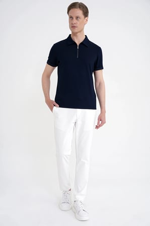 Slim Fit Esnek Pamuklu Fermuarlı Lacivert Polo Yaka Tişört TS 926