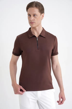 Slim Fit Esnek Pamuklu Fermuarlı Kahverengi Polo Yaka Tişört TS 926