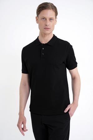 Comfort Fit Kolu Ribanalı %100 Pamuk Düğmeli Siyah Polo Yaka Tişört TS 922