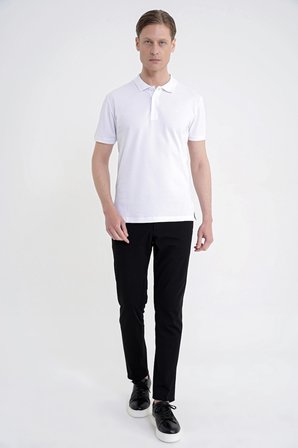 Comfort Fit Kolu Ribanalı %100 Pamuk Düğmeli Beyaz Polo Yaka Tişört TS 922