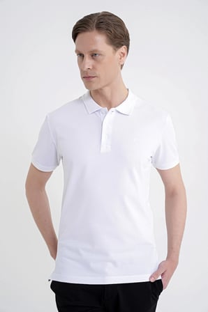 Comfort Fit Kolu Ribanalı %100 Pamuk Düğmeli Beyaz Polo Yaka Tişört TS 922