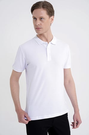 Comfort Fit Kolu Ribanalı %100 Pamuk Düğmeli Beyaz Polo Yaka Tişört TS 922