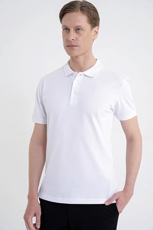 Comfort Fit Kolu Ribanalı %100 Pamuk Düğmeli Beyaz Polo Yaka Tişört TS 922