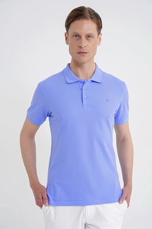Comfort Fit Kolu Ribanalı %100 Pamuk Düğmeli Mavi Polo Yaka Tişört TS 922