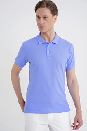 Comfort Fit Kolu Ribanalı %100 Pamuk Düğmeli Mavi Polo Yaka Tişört TS 922