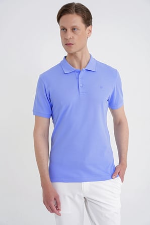 Comfort Fit Kolu Ribanalı %100 Pamuk Düğmeli Mavi Polo Yaka Tişört TS 922