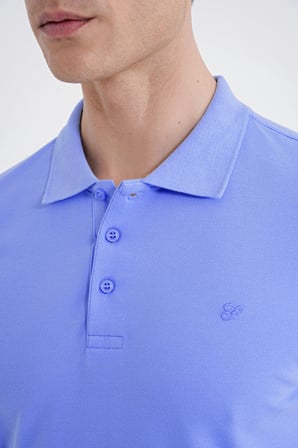 Comfort Fit Kolu Ribanalı %100 Pamuk Düğmeli Mavi Polo Yaka Tişört TS 922