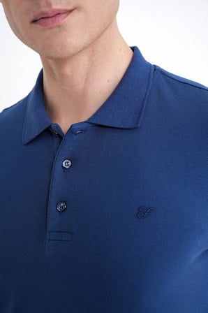 Comfort Fit Kolu Ribanalı %100 Pamuk Düğmeli Lacivert Polo Yaka Tişört TS 922