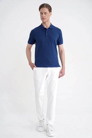 Comfort Fit Kolu Ribanalı %100 Pamuk Düğmeli Lacivert Polo Yaka Tişört TS 922