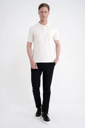 Comfort Fit Kolu Ribanalı %100 Pamuk Düğmeli Ekru Polo Yaka Tişört TS 922