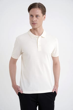 Comfort Fit Kolu Ribanalı %100 Pamuk Düğmeli Ekru Polo Yaka Tişört TS 922