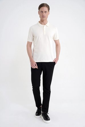 Comfort Fit Kolu Ribanalı %100 Pamuk Düğmeli Ekru Polo Yaka Tişört TS 922