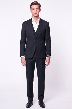 Slim Fit Mono Yaka Yünlü Yelekli Siyah Takım Elbise TK 943