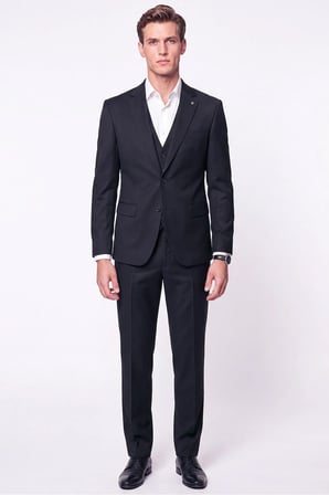 Slim Fit Mono Yaka Yünlü Yelekli Siyah Takım Elbise TK 943