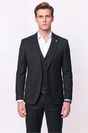 Slim Fit Mono Yaka Yünlü Yelekli Siyah Takım Elbise TK 943