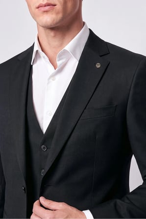 Slim Fit Mono Yaka Yünlü Yelekli Siyah Takım Elbise TK 943