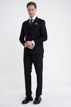Slim Fit Çift Yırtmaç %95 Pamuk Siyah Çizgili Kruvaze Takım Elbise TK 945
