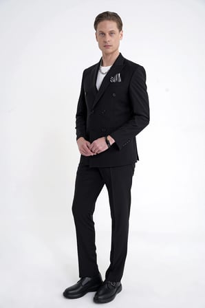 Slim Fit Çift Yırtmaç %95 Pamuk Sık Çizgili Siyah Kruvaze Takım Elbise TK 944