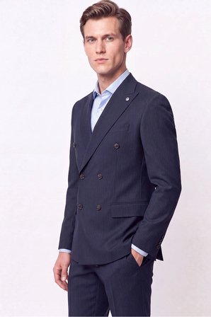 Slim Fit Çift Yırtmaç %95 Pamuk Sık Çizgili Lacivert Kruvaze Takım Elbise TK 944
