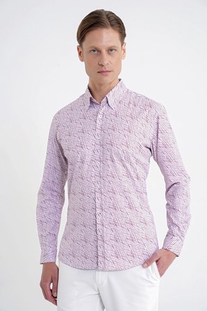 Slim Fit Pamuklu Baskılı Desen Yaka Düğmeli Bordo Gömlek G 1603