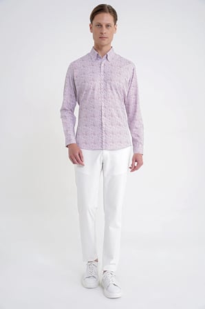 Slim Fit Pamuklu Baskılı Desen Yaka Düğmeli Bordo Gömlek G 1603