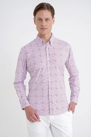 Slim Fit Pamuklu Baskılı Desen Yaka Düğmeli Bordo Gömlek G 1603