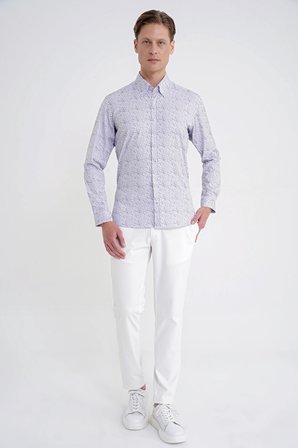 Slim Fit Pamuklu Baskılı Desen Yaka Düğmeli Gri Gömlek G 1603