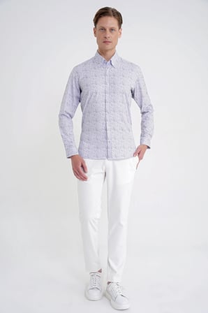Slim Fit Pamuklu Baskılı Desen Yaka Düğmeli Gri Gömlek G 1603