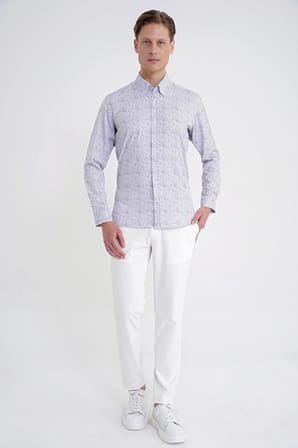 Slim Fit Pamuklu Baskılı Desen Yaka Düğmeli Gri Gömlek G 1603