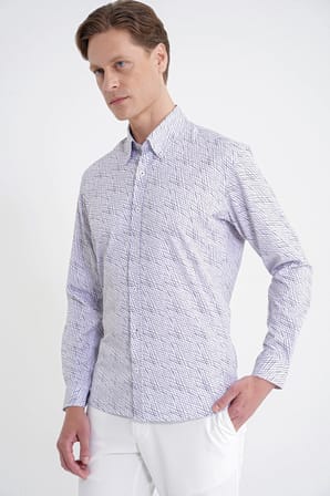 Slim Fit Pamuklu Baskılı Desen Yaka Düğmeli Gri Gömlek G 1603