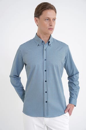 Slim Fit Pötikare Baskılı Pamuklu Yaka Düğmeli Yeşil Gömlek G 1604