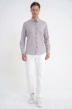 Slim Fit Pötikare Baskılı Pamuklu Yaka Düğmeli Vizon Gömlek G 1604