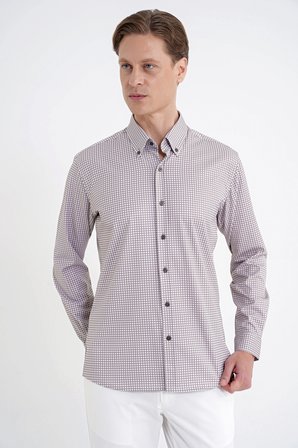 Slim Fit Pötikare Baskılı Pamuklu Yaka Düğmeli Vizon Gömlek G 1604