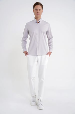 Slim Fit Yaka Düğmeli Baskılı Pamuklu Beyaz Gömlek G 1605