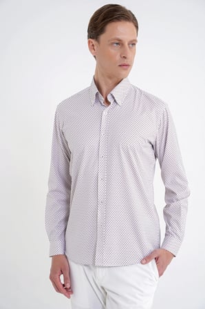 Slim Fit Yaka Düğmeli Baskılı Pamuklu Beyaz Gömlek G 1605